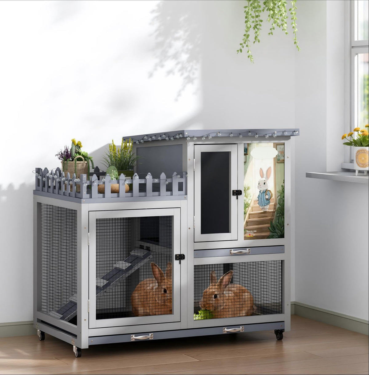 Wood Rabbit Hutch with Balcony on Wheels N866