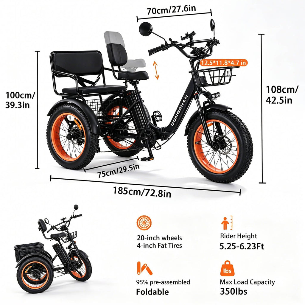 20” Fat Tire Folding 7-Speed Electric Tricycle with Rear Seat H27328