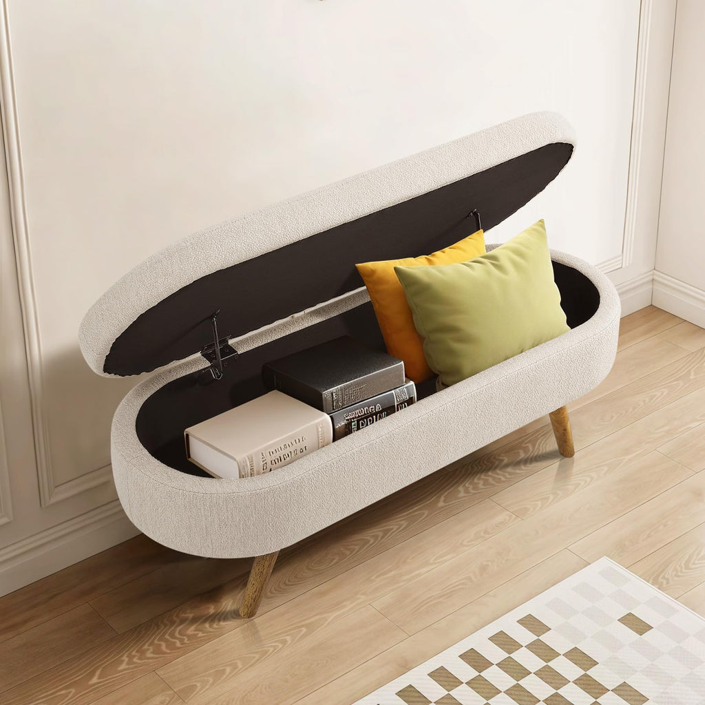 Beige Linen Upholstered Storage Ottoman Bench S1781