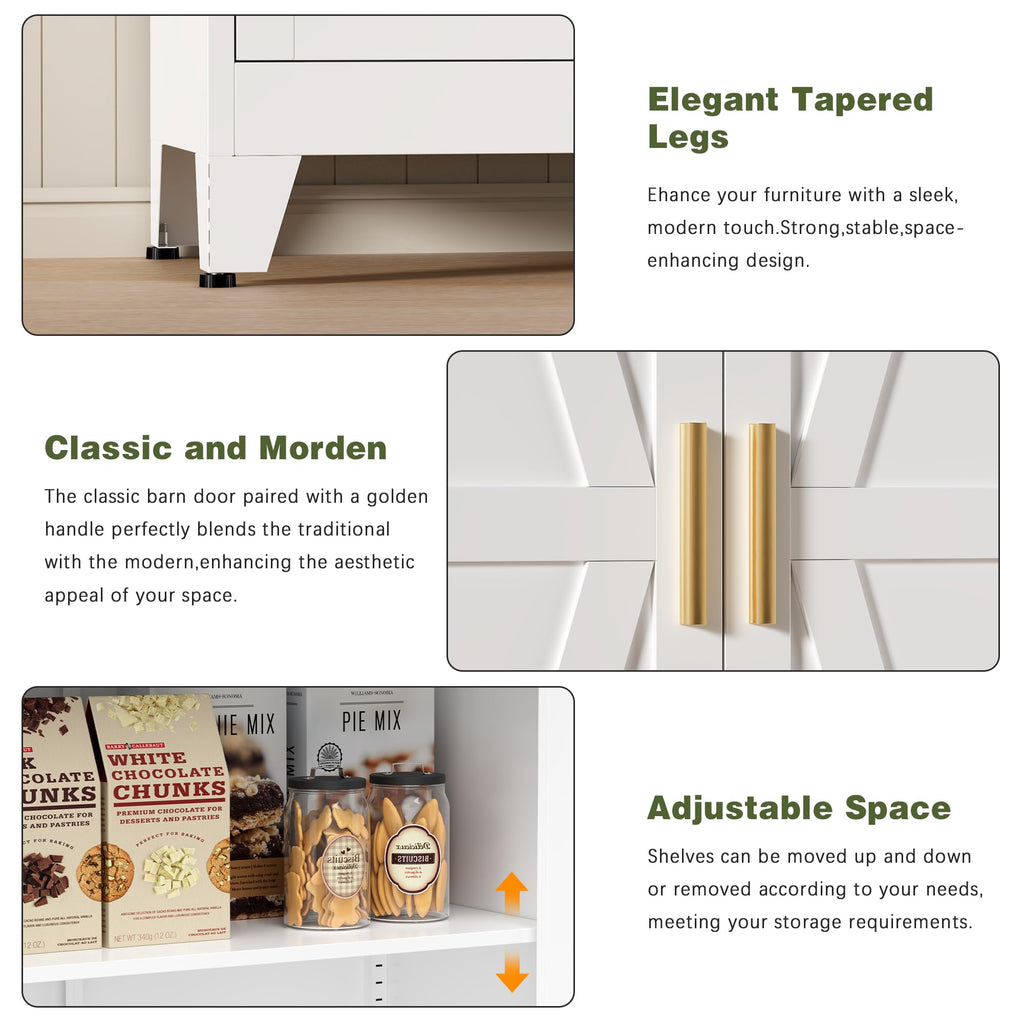 White Farmhouse Storage Kitchen Pantry Cabinet with 2 Barn Door, 3 Adjustable Shelves and Legs Y972347