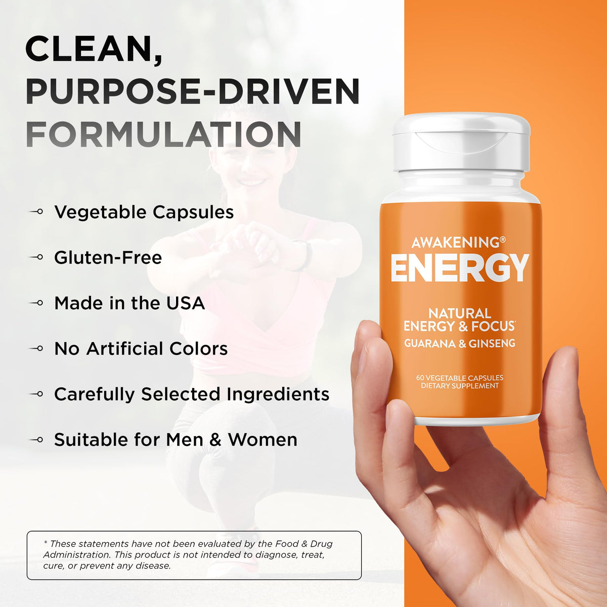 Natural Energy & Focus Supplement with Panax Ginseng, Guarana Extract & Chromium Picolinate, 60 Caps V525
