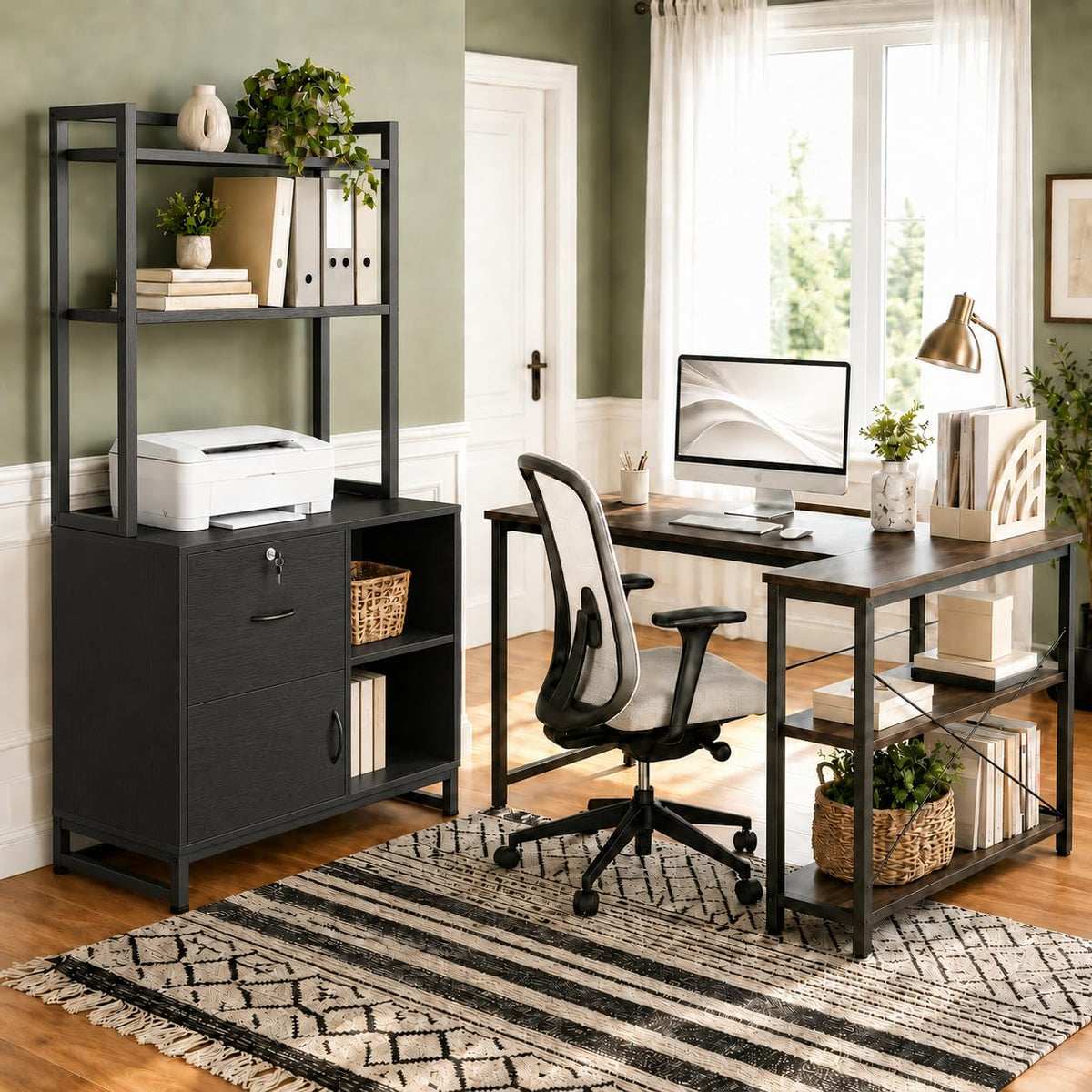 Black Vertical Filing Cabinet with Bookshelf J5641