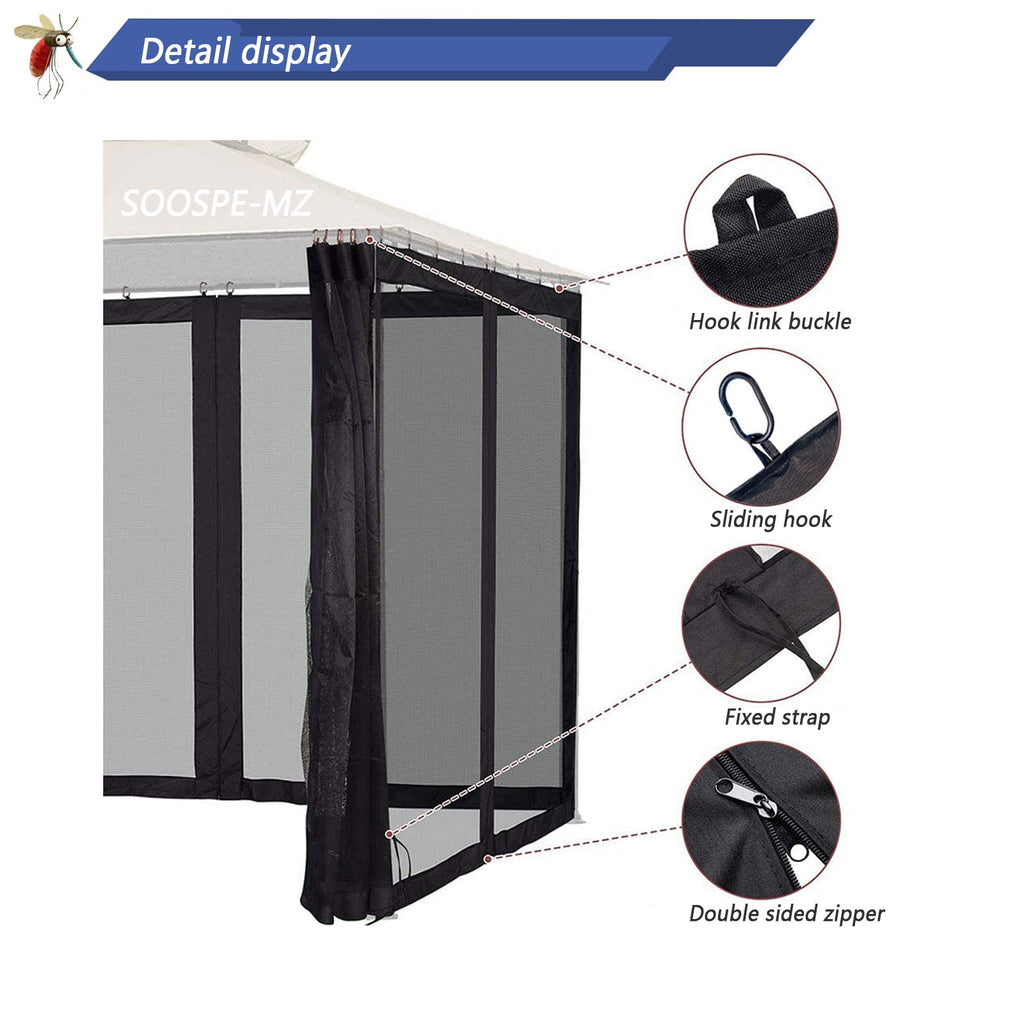 10x12 Gazebo Replacement Mosquito Netting 4-Panel Sidewall Screen with Zipper Black O8522