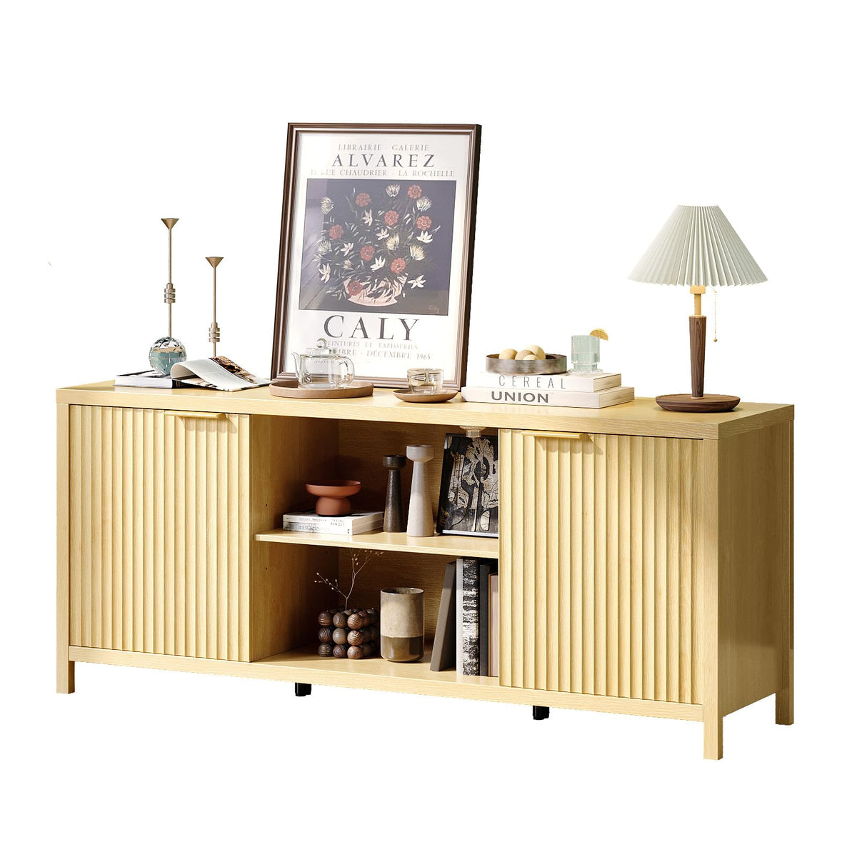 57.8" Oak TV Stand for 70 Inch TV with Adjustable Shelves and Cabinet Storage G250446