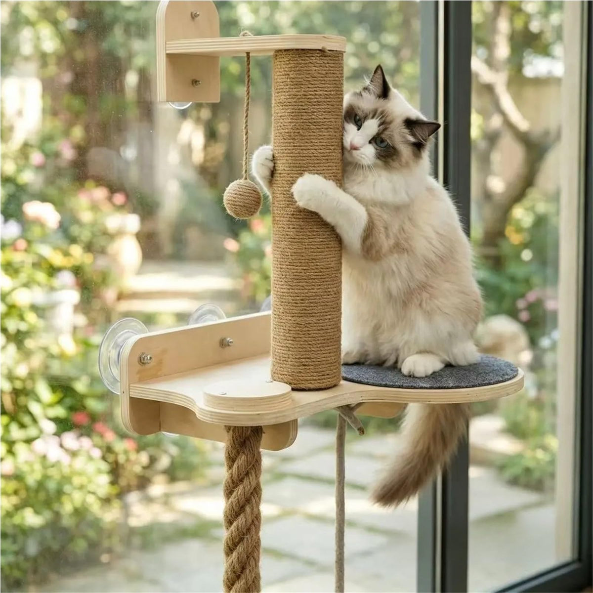 Wall-Mounted Cat Tree with Climbing Rope, Wall Shelf, Jute Scratching Post Tower, and Platform G542427