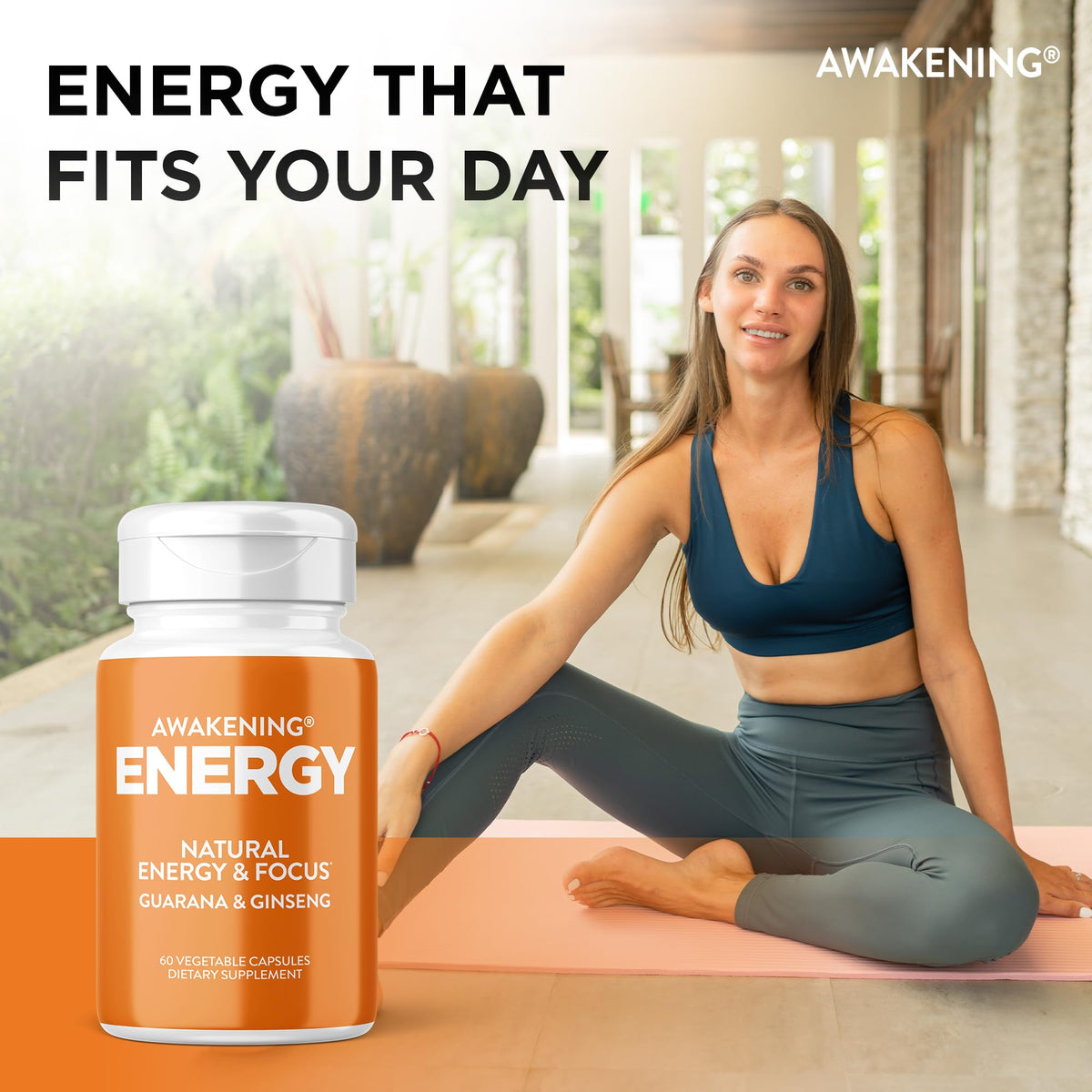Natural Energy & Focus Supplement with Panax Ginseng, Guarana Extract & Chromium Picolinate, 60 Caps V525