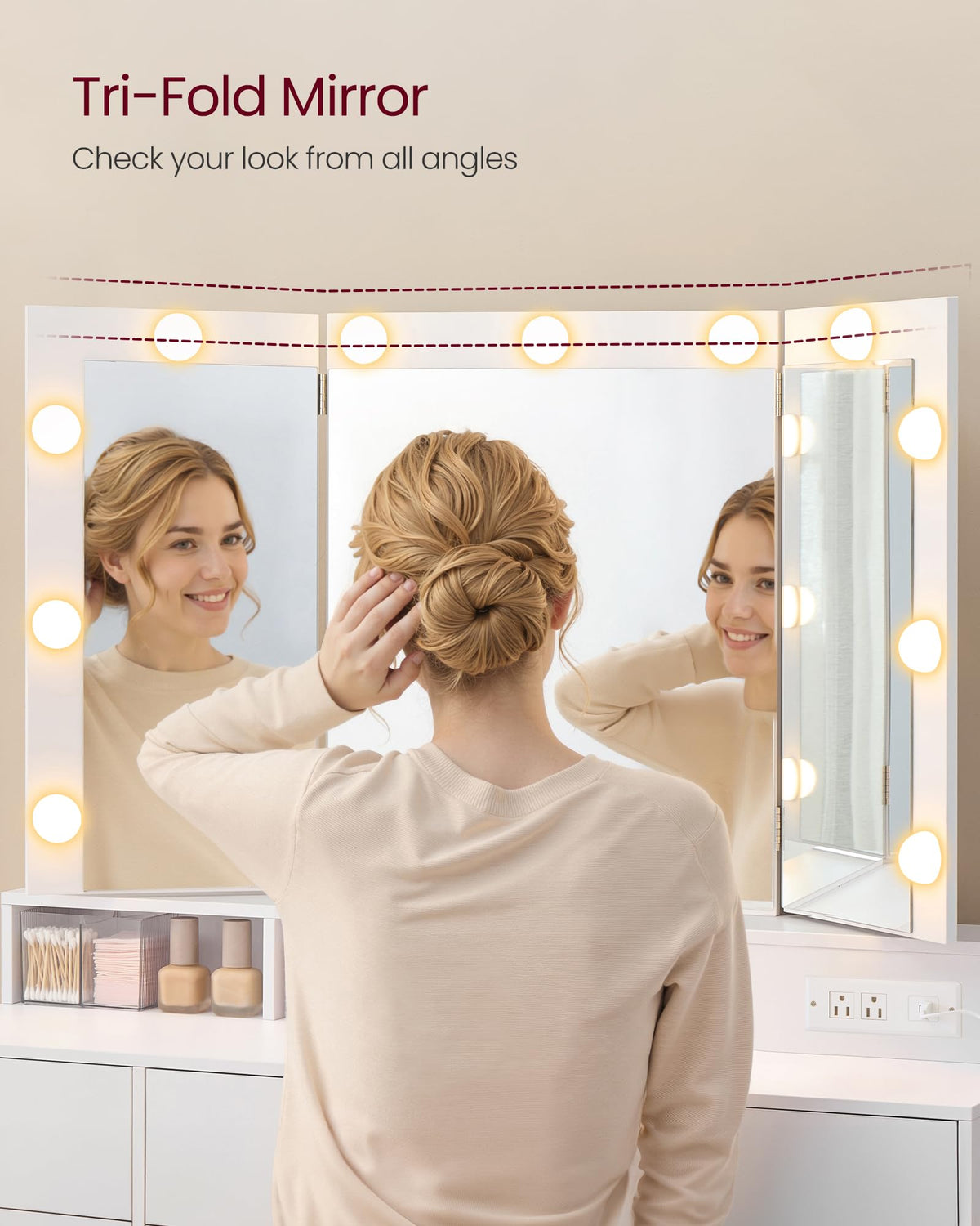 Vanity Desk with LED Lights and Tri-Fold Mirror, 9 Drawers B9348