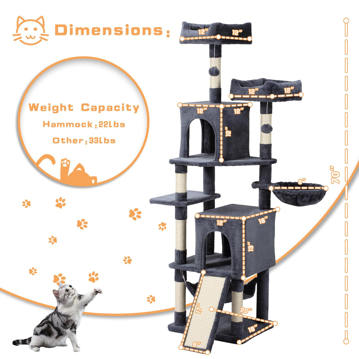 70-Inch Dark Gray Cat Tree Tower with Hammock P3857