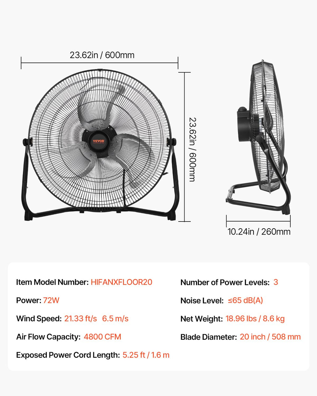20 Inch 3 Speeds High Velocity Industrial Floor Fan U472597
