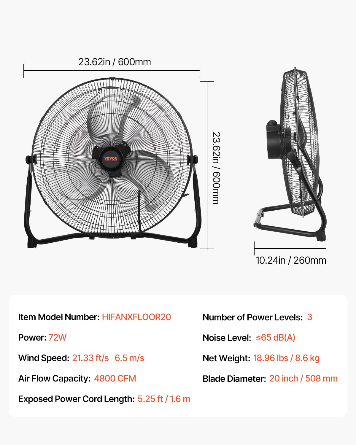 20 Inch 3 Speeds High Velocity Industrial Floor Fan U472597