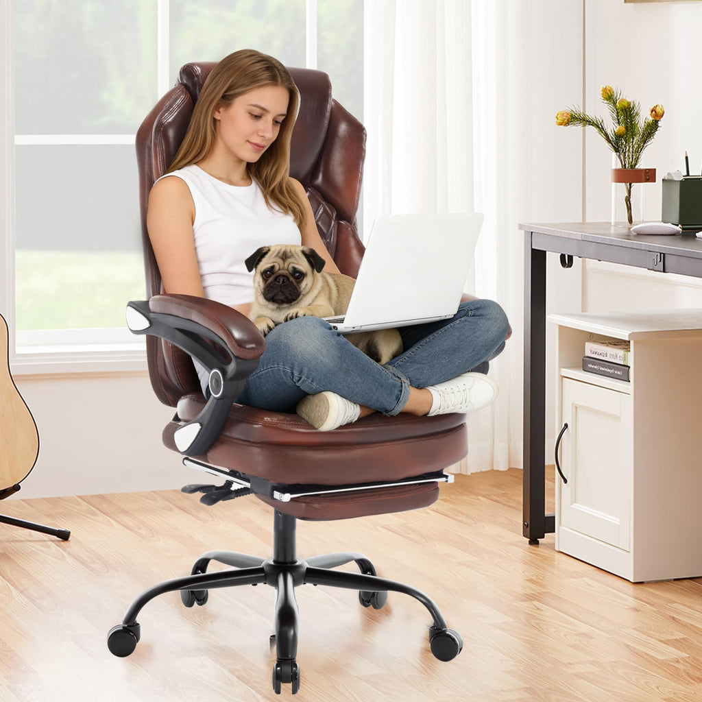 Brown Leather Reclining Office Desk Chair with Foot Rest M2927