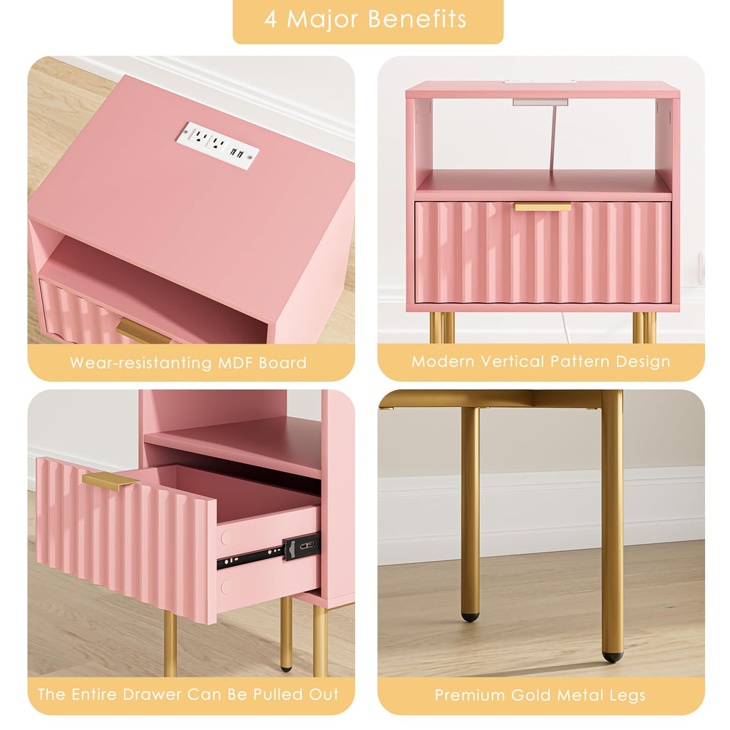 Pink Fluted Nightstand with Charging Station K49328