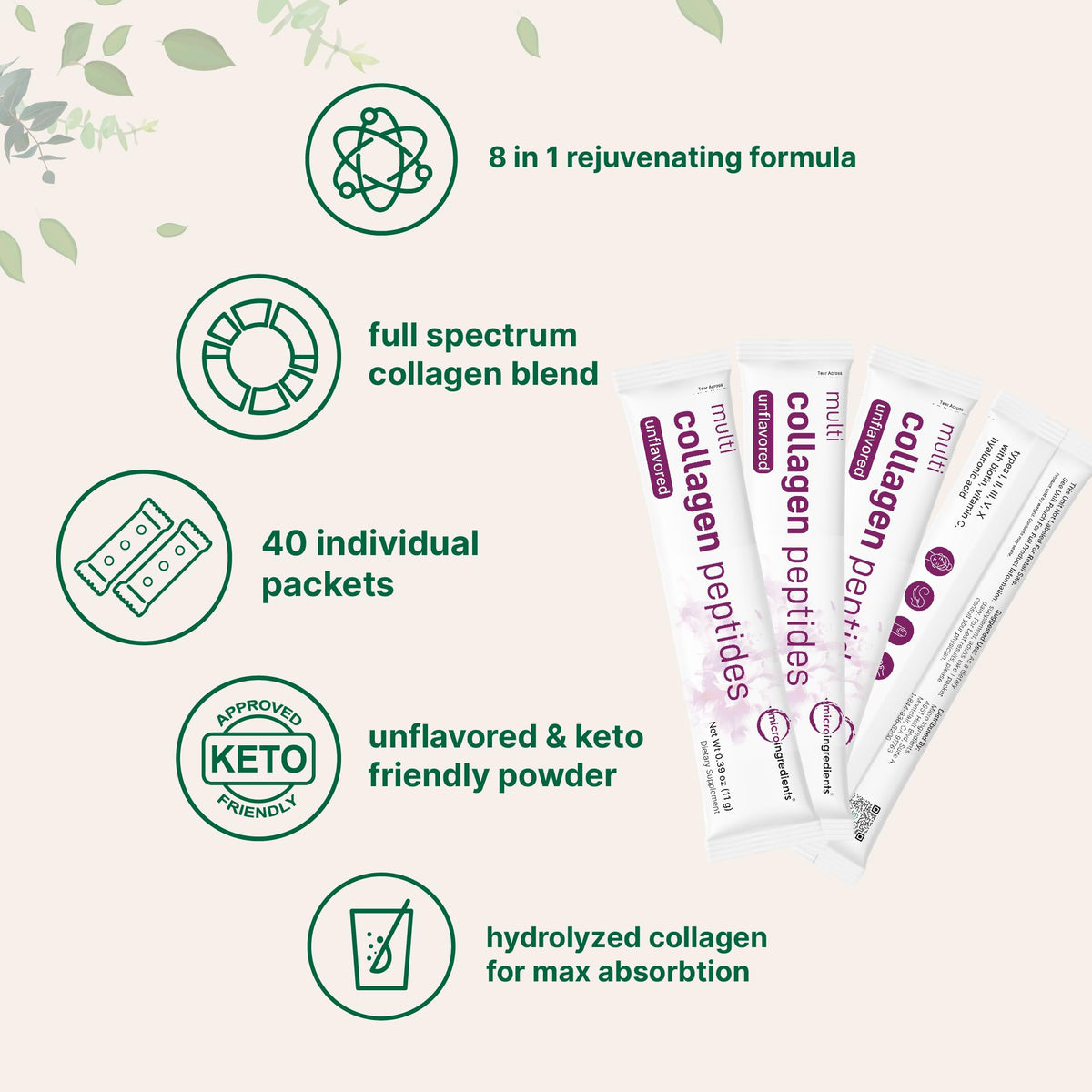 Multi Collagen Peptides Powder, 40 Stick Packs, Type I, II, III, V, X P14016