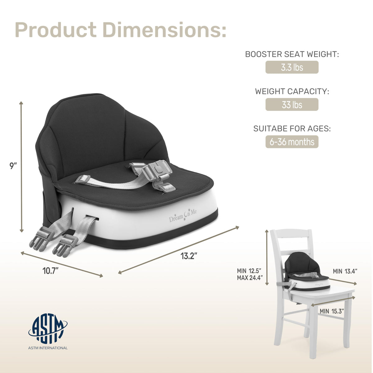 Portable Baby Booster Seat with 3-Point Harness & 2 Fixing Belts, Black H857