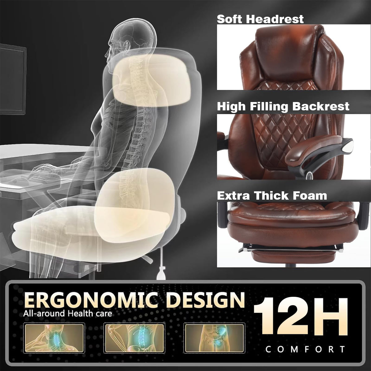 Brown Leather Reclining Office Desk Chair with Foot Rest M2927