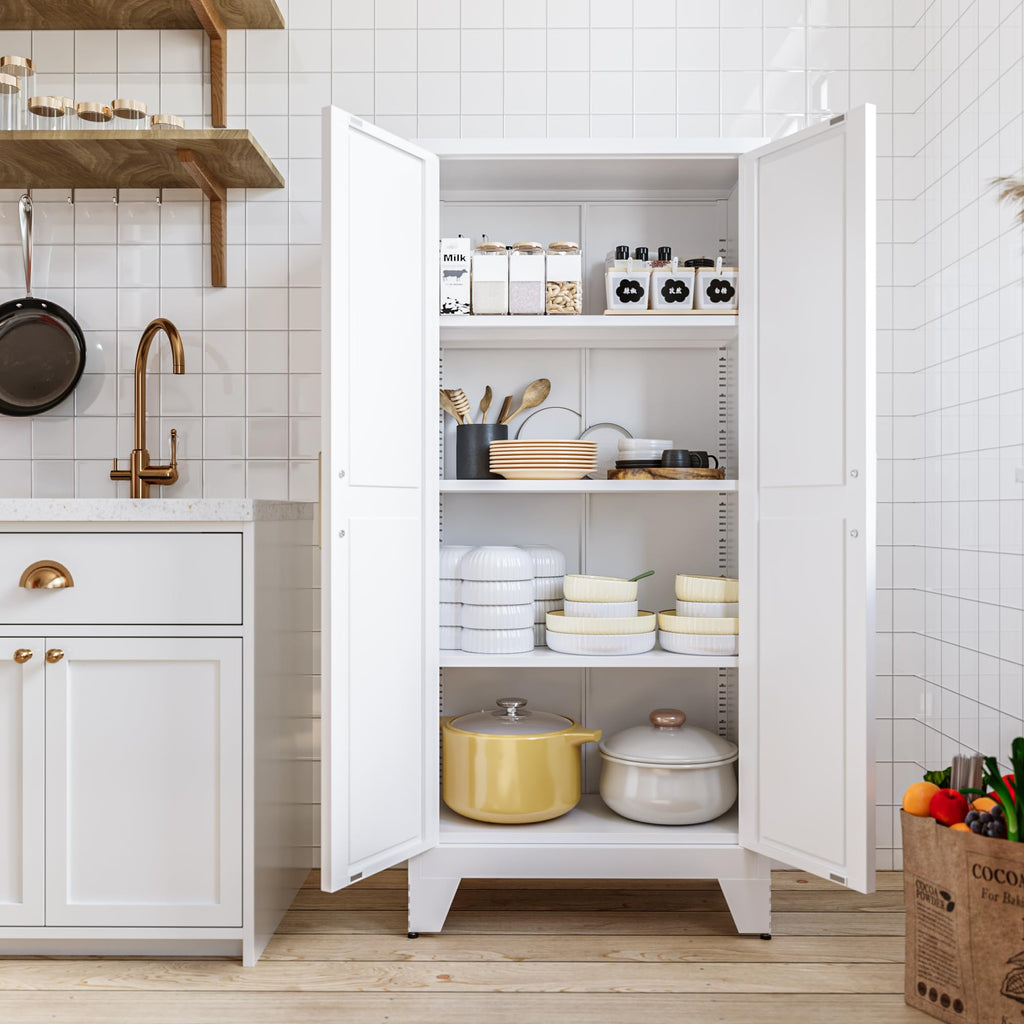 White Farmhouse Storage Kitchen Pantry Cabinet with 2 Barn Door, 3 Adjustable Shelves and Legs Y972347