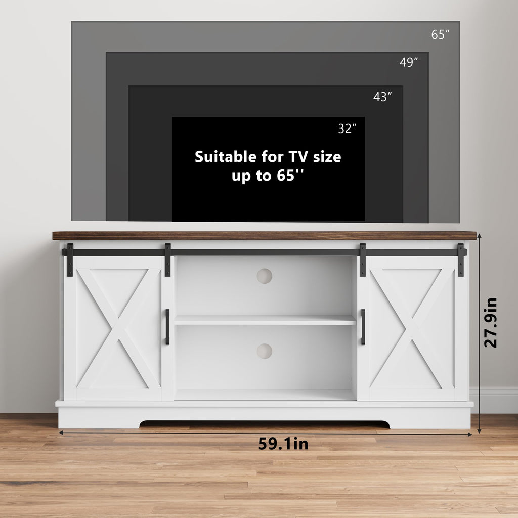 White Farmhouse TV Stand with Sliding Barn Doors and Adjustable Shelf L418838