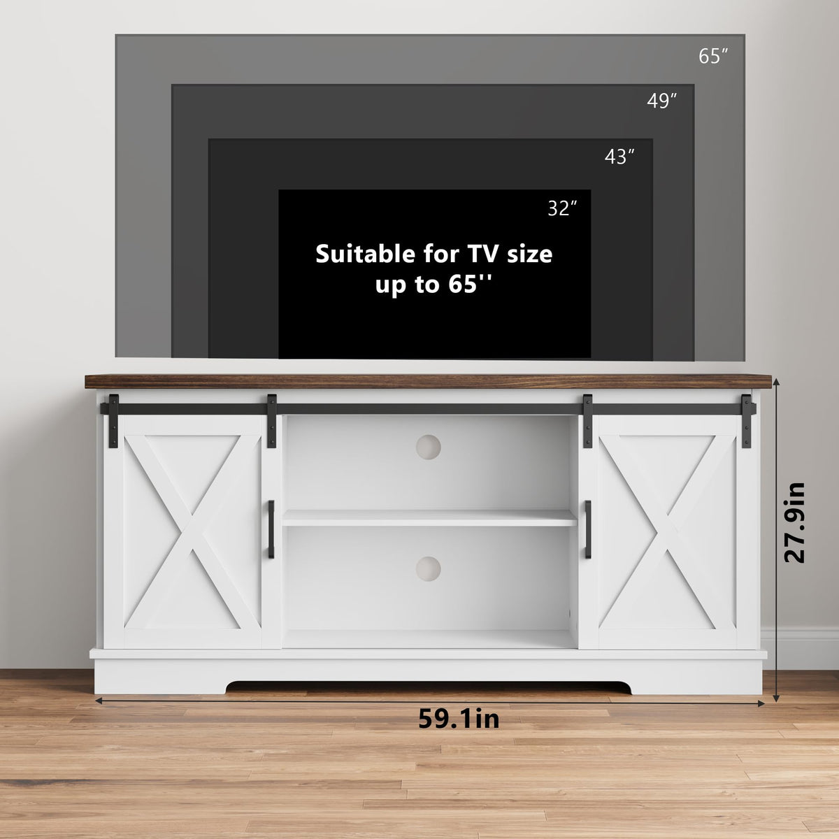 White Farmhouse TV Stand with Sliding Barn Doors and Adjustable Shelf L418838