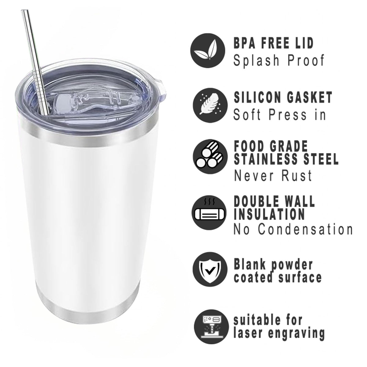 20oz Insulated Stainless Steel Tumblers with Lid and Straw Y262990