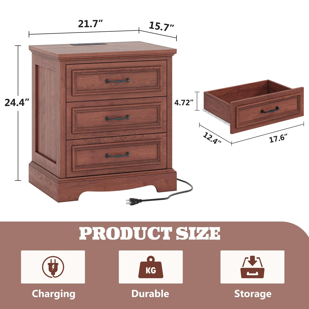 Cherry Brown 3 Drawer Nightstand with Charging Station X409516