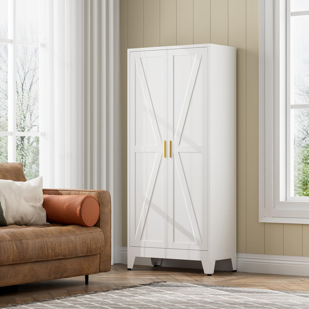 White Farmhouse Storage Kitchen Pantry Cabinet with 2 Barn Door, 3 Adjustable Shelves and Legs Y972347