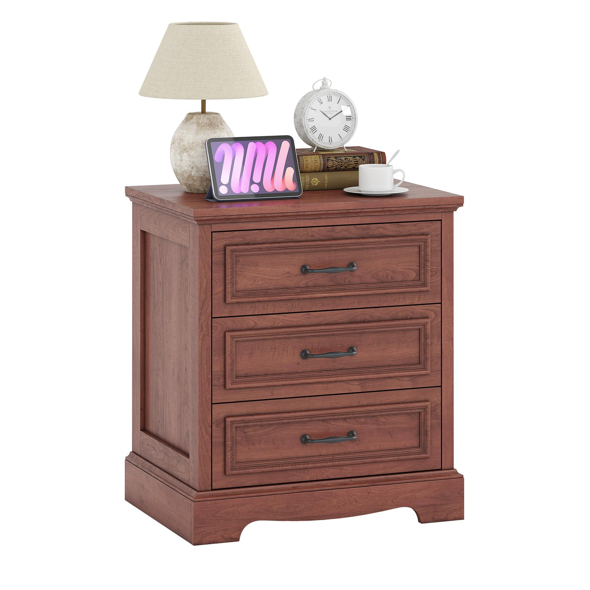 Cherry Brown 3 Drawer Nightstand with Charging Station X409516