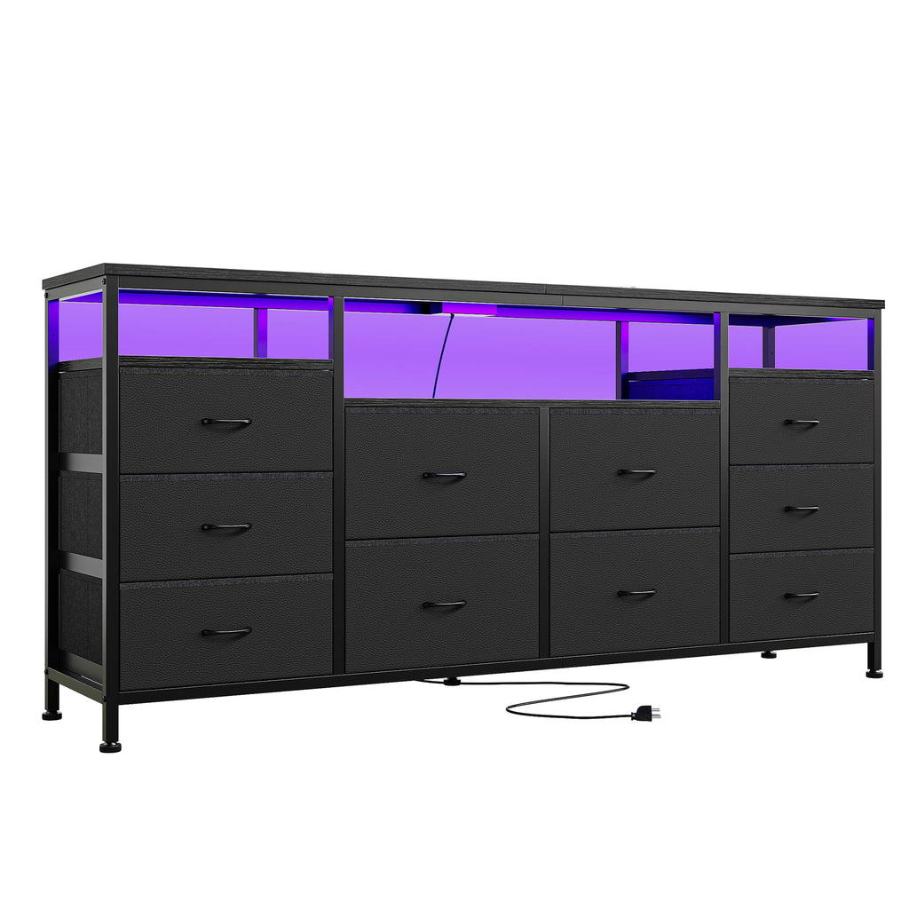 Black 10 Drawer Fabric Dresser with LED Lights & Charging Ports F812