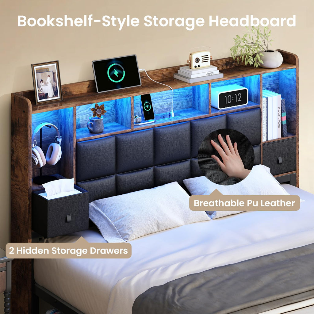 Full Size Platform Bed Frame with LED Light and Charging Station, Black B7689