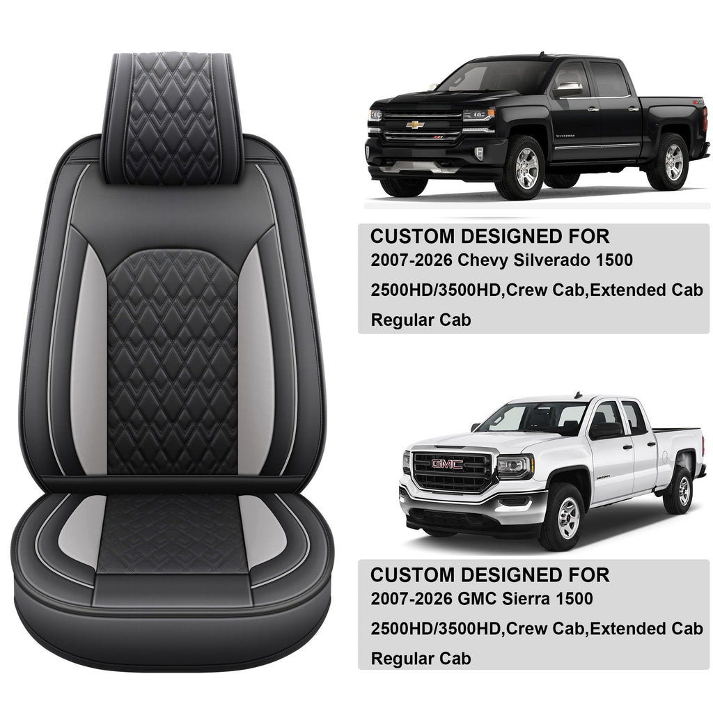 Leather Seat Covers for Chevy Silverado GMC Sierra, Custom Fit, Front Pair, Black Grey Q419017