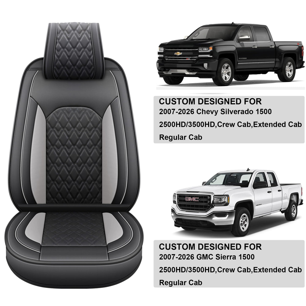 Leather Seat Covers for Chevy Silverado GMC Sierra, Custom Fit, Front Pair, Black Grey Q419017