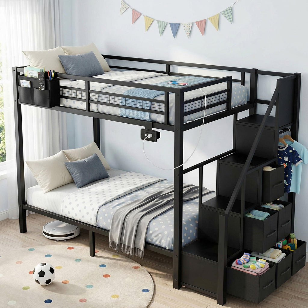 Black Metal Twin Over Twin Bunk Bed with Storage Stairs X360