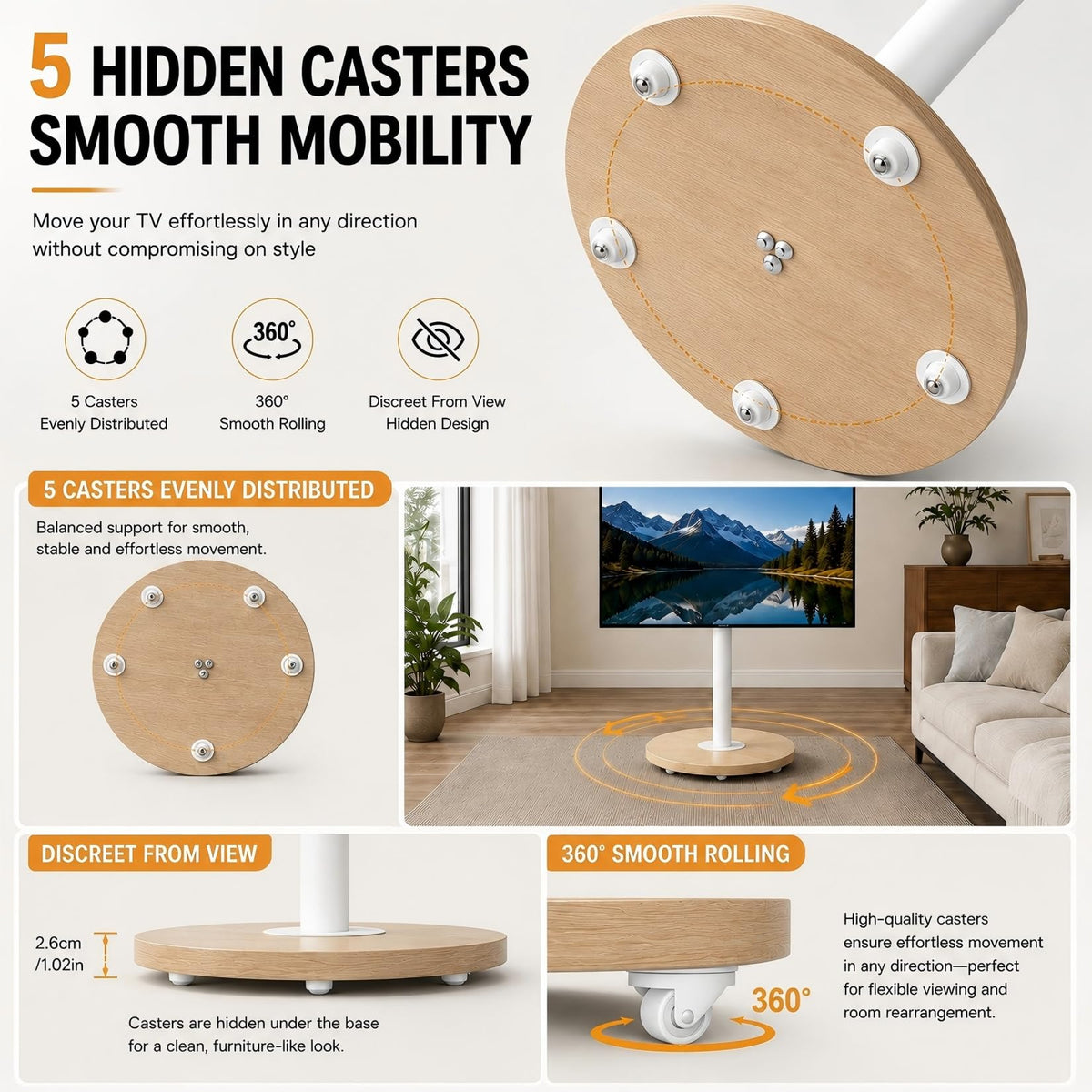 White Rolling Swivel tv Stand I18380