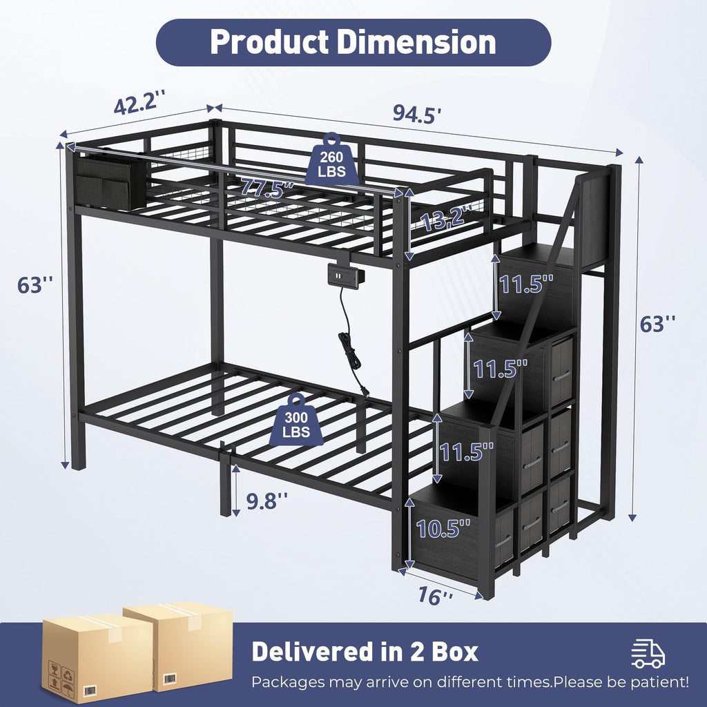 Black Metal Twin Over Twin Bunk Bed with Storage Stairs X360
