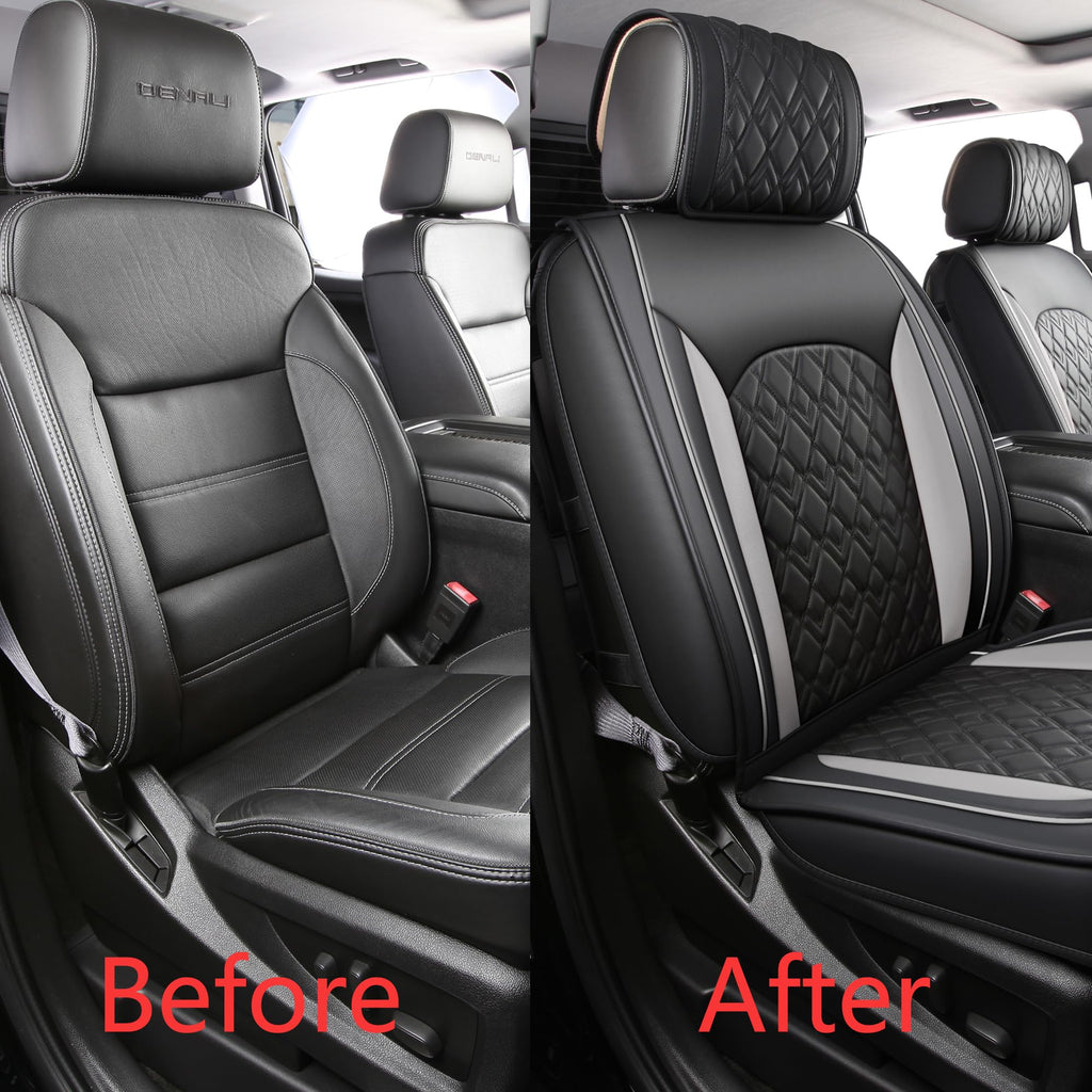 Leather Seat Covers for Chevy Silverado GMC Sierra, Custom Fit, Front Pair, Black Grey Q419017