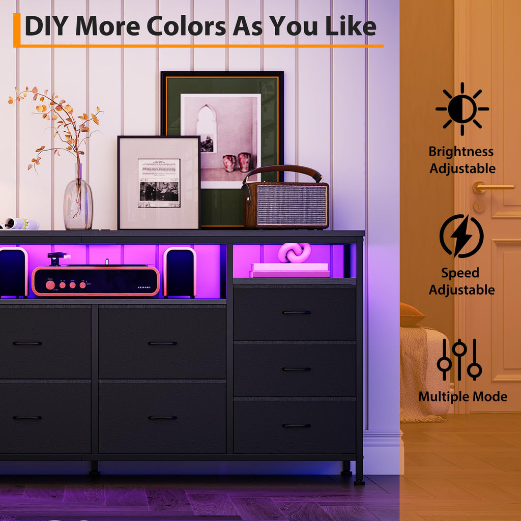 Black 10 Drawer Fabric Dresser with LED Lights & Charging Ports F812