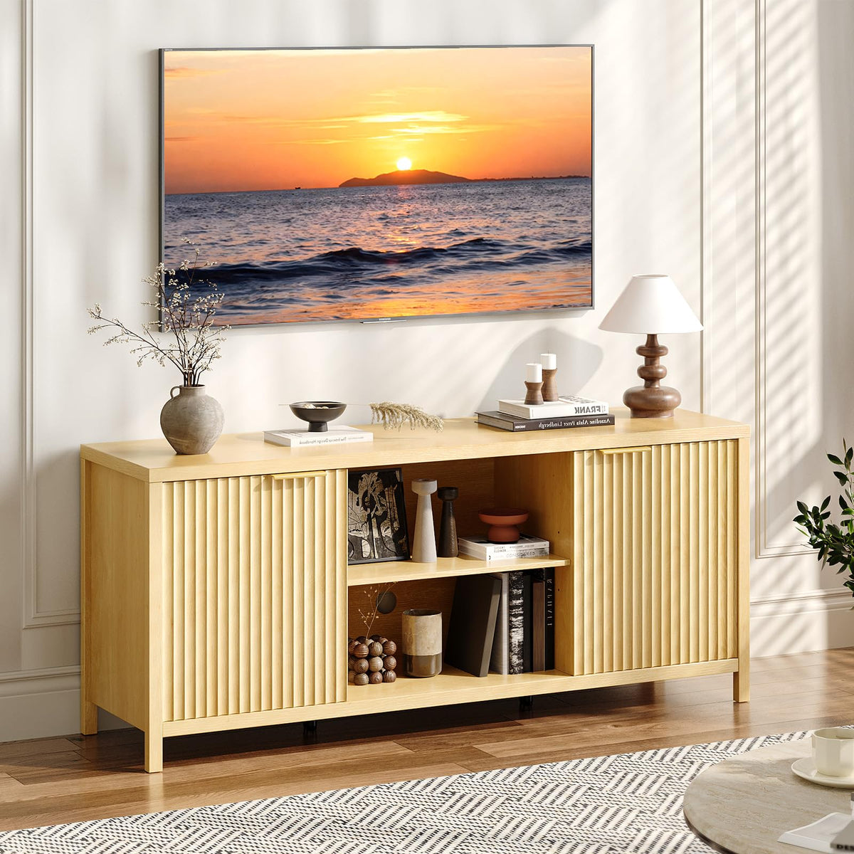 57.8" Oak TV Stand for 70 Inch TV with Adjustable Shelves and Cabinet Storage G250446