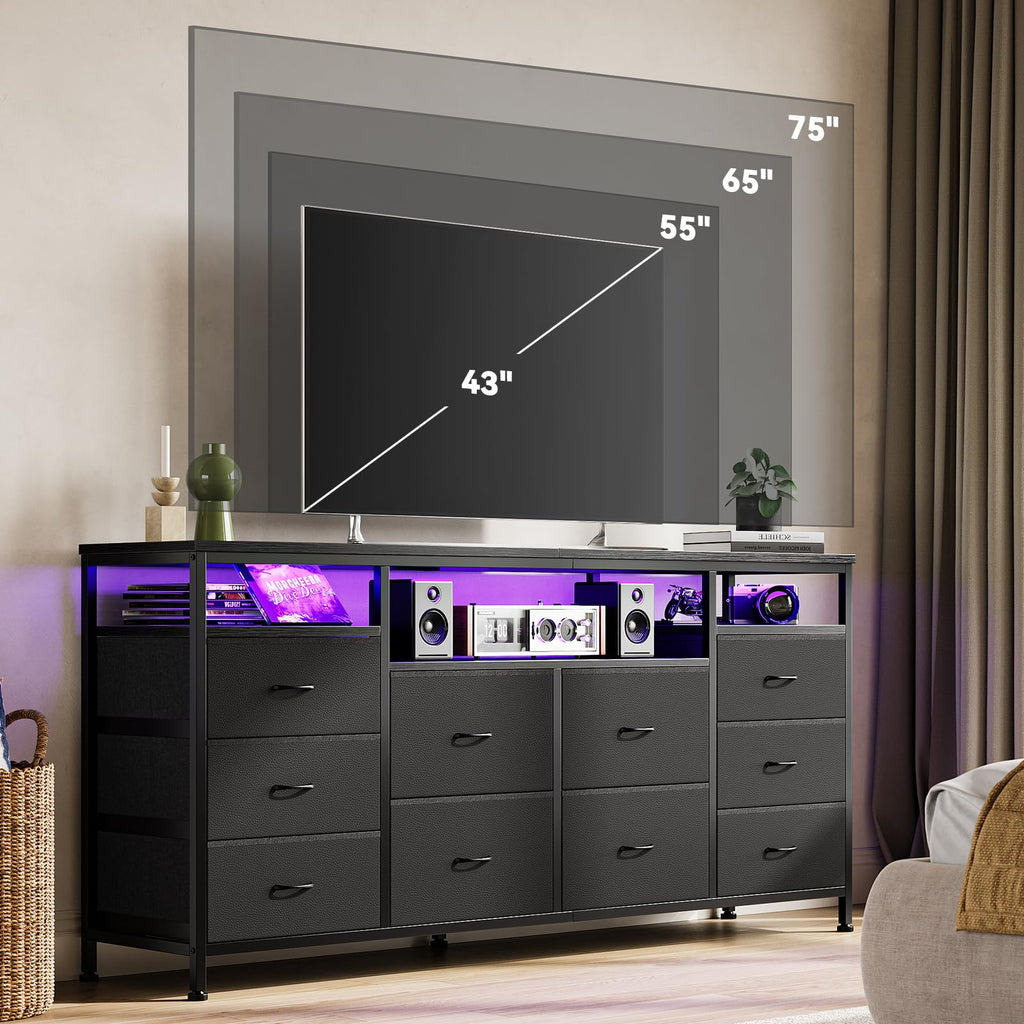 Black 10 Drawer Fabric Dresser with LED Lights & Charging Ports F812