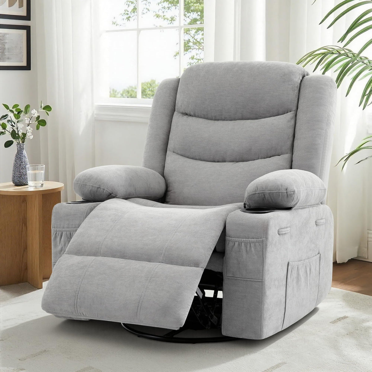 Grey Chenille Swivel Rocker Recliner Chair O199