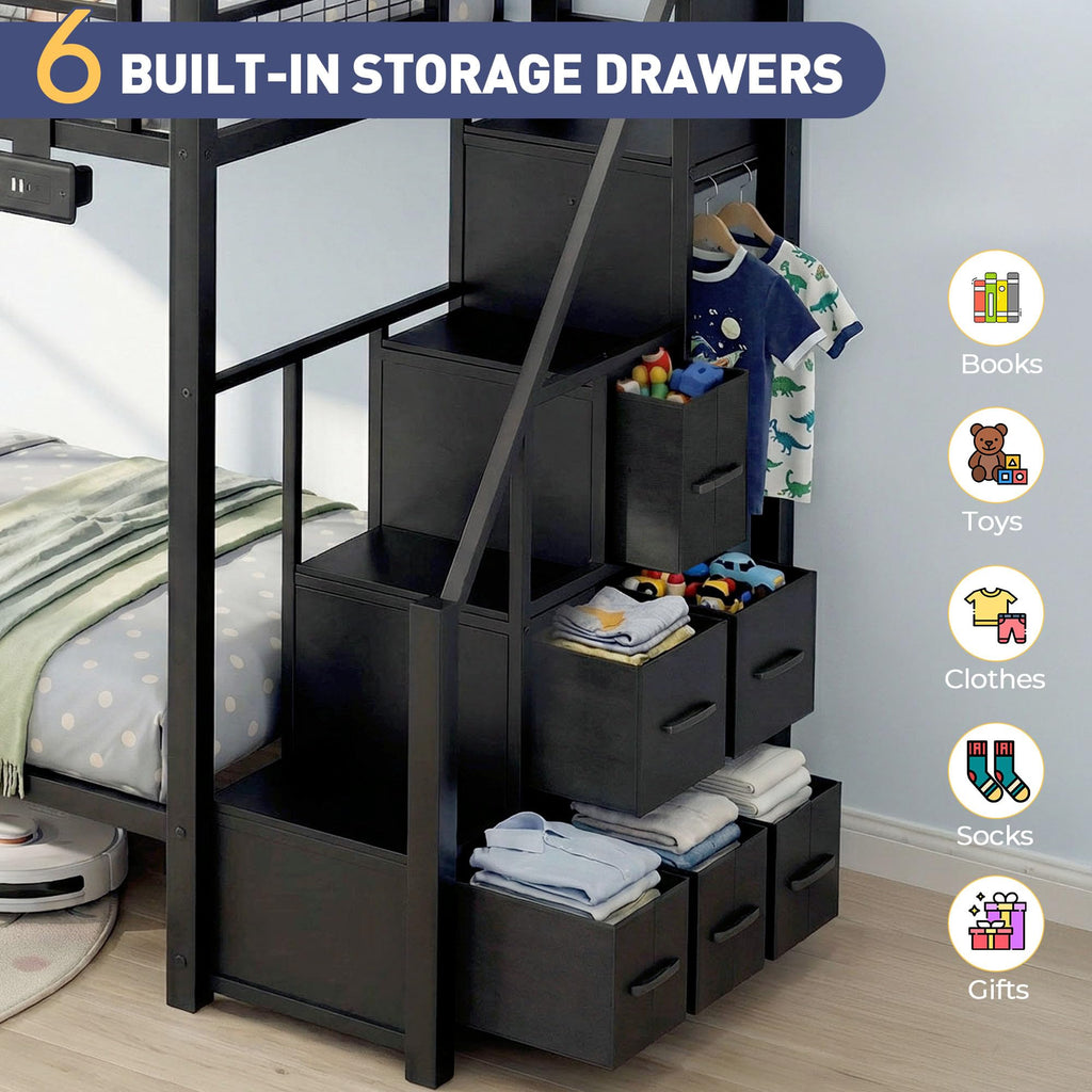 Black Metal Twin Over Twin Bunk Bed with Storage Stairs X360