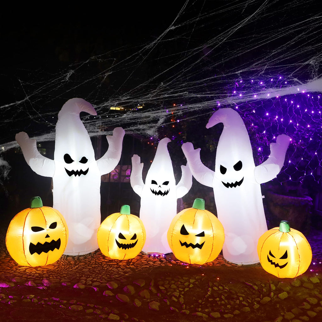 8 FT Lighted Halloween Inflatable Ghosts with Pumpkins S23306