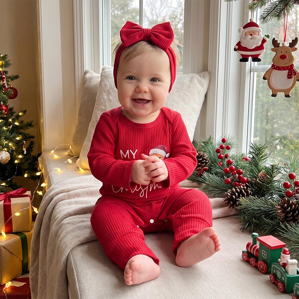 Christmas Baby Girl Long Sleeve Romper Headband F768844