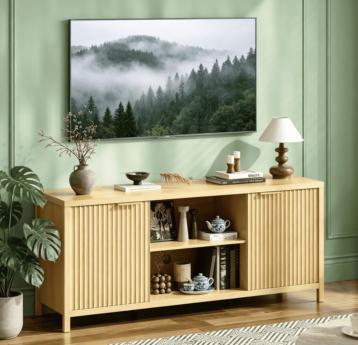 57.8" Oak TV Stand for 70 Inch TV with Adjustable Shelves and Cabinet Storage G250446