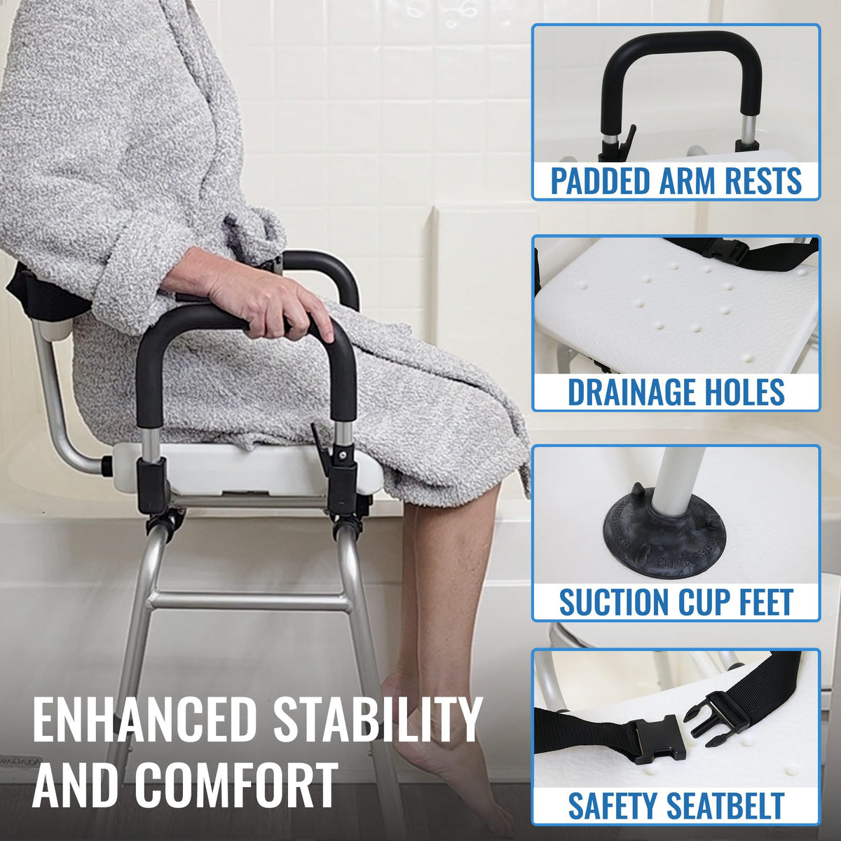 Extra-Wide 360lb Capacity Non-Slip Padded Shower Chair & Transfer Bench B707
