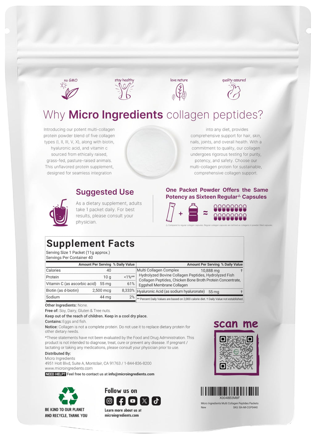 Multi Collagen Peptides Powder, 40 Stick Packs, Type I, II, III, V, X P14016
