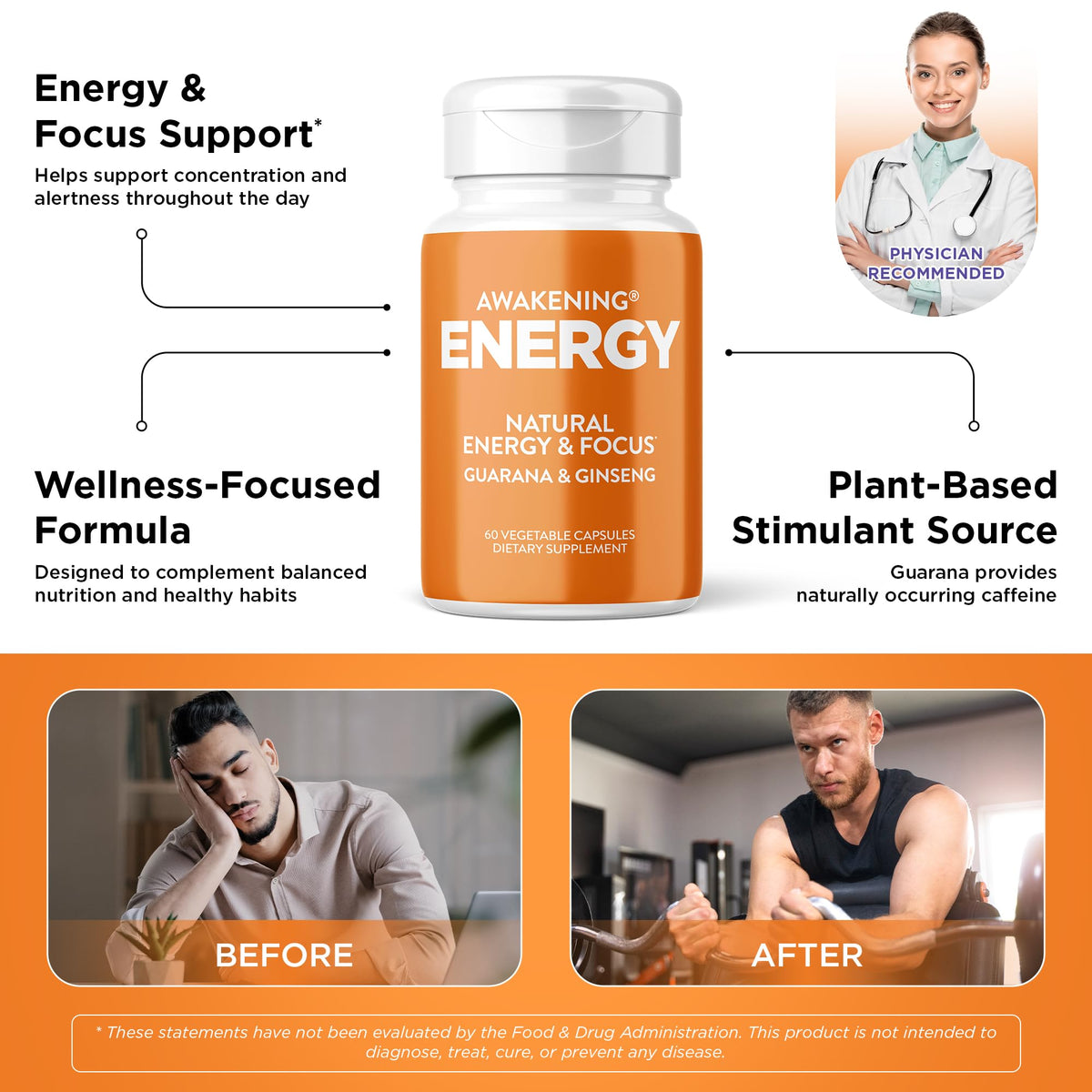 Natural Energy & Focus Supplement with Panax Ginseng, Guarana Extract & Chromium Picolinate, 60 Caps V525