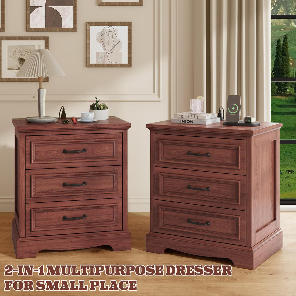 Cherry Brown 3 Drawer Nightstand with Charging Station X409516