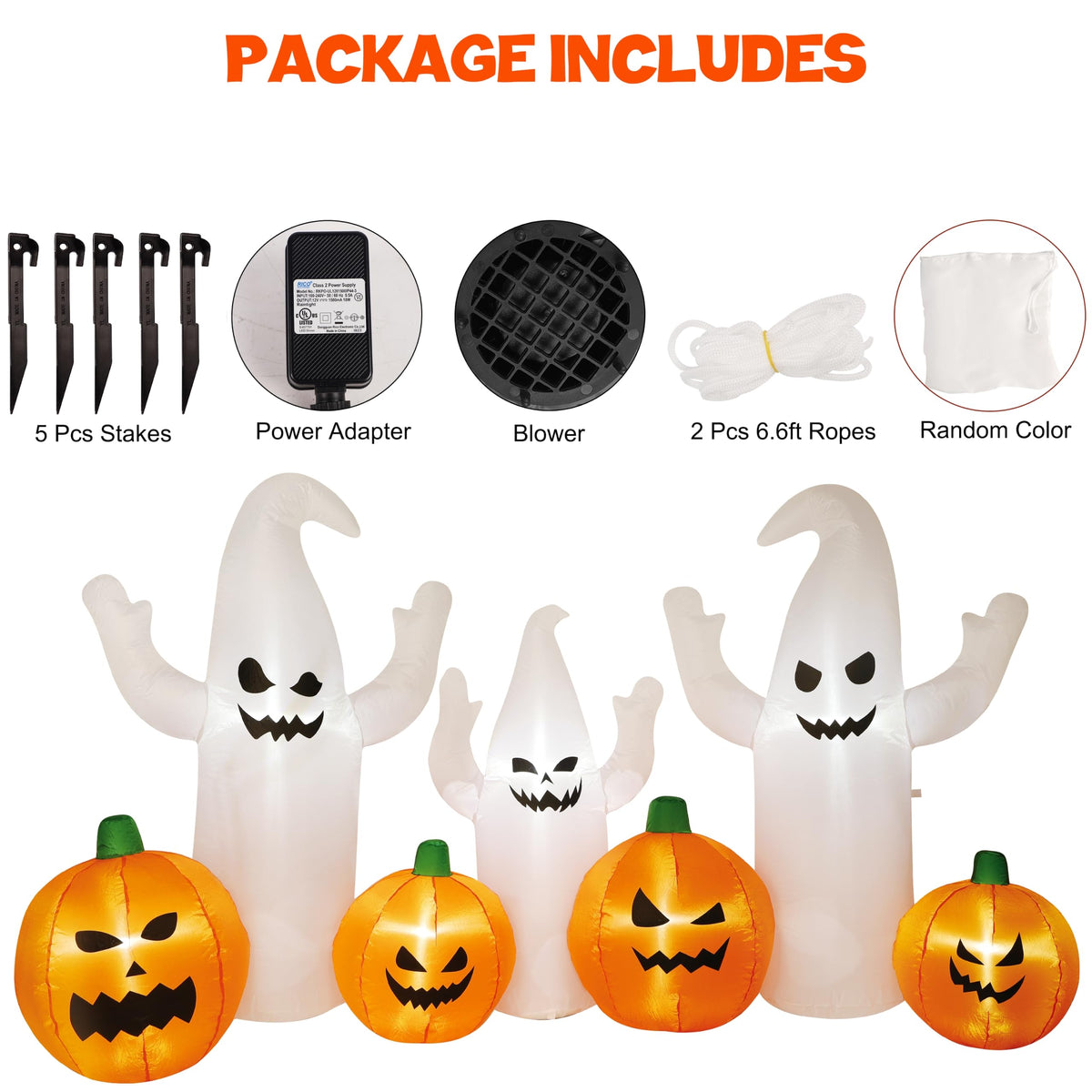 8 FT Lighted Halloween Inflatable Ghosts with Pumpkins S23306