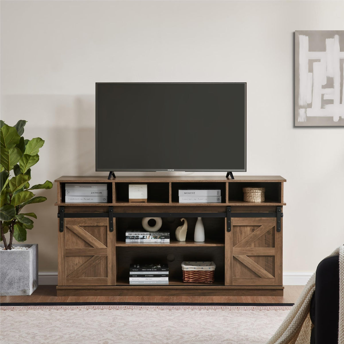 Natural Brown Wood TV Stand with Sliding Barn Door S2856