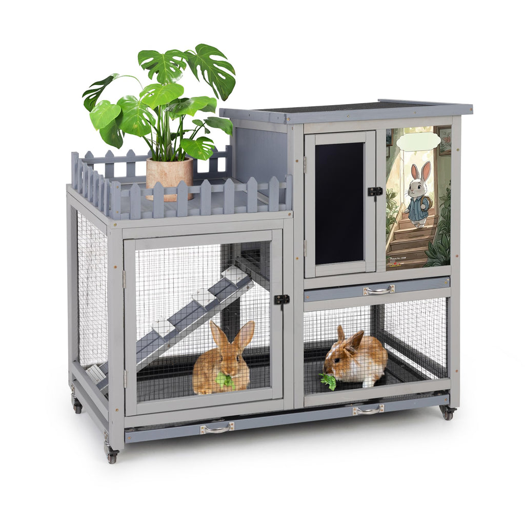 Wood Rabbit Hutch with Balcony on Wheels N866