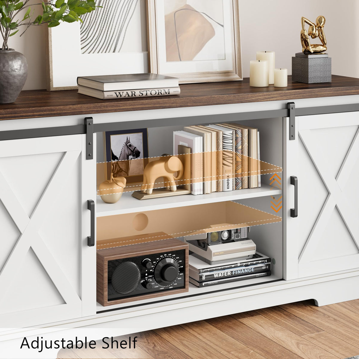White Farmhouse TV Stand with Sliding Barn Doors and Adjustable Shelf L418838